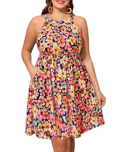 Women's Plus Size Summer Sun Dress Floral Casual Beach Halter Neck Sleeveless A Line Short Boho Dresses with Pockets