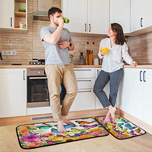 Spring Flowers Butterflies Kitchen Rugs Set Of 2, Colorful Sunflower Floor Runner Area Rug Washable Carpet Mat Perfect For Living Room Bedroom Entryway #TOP5