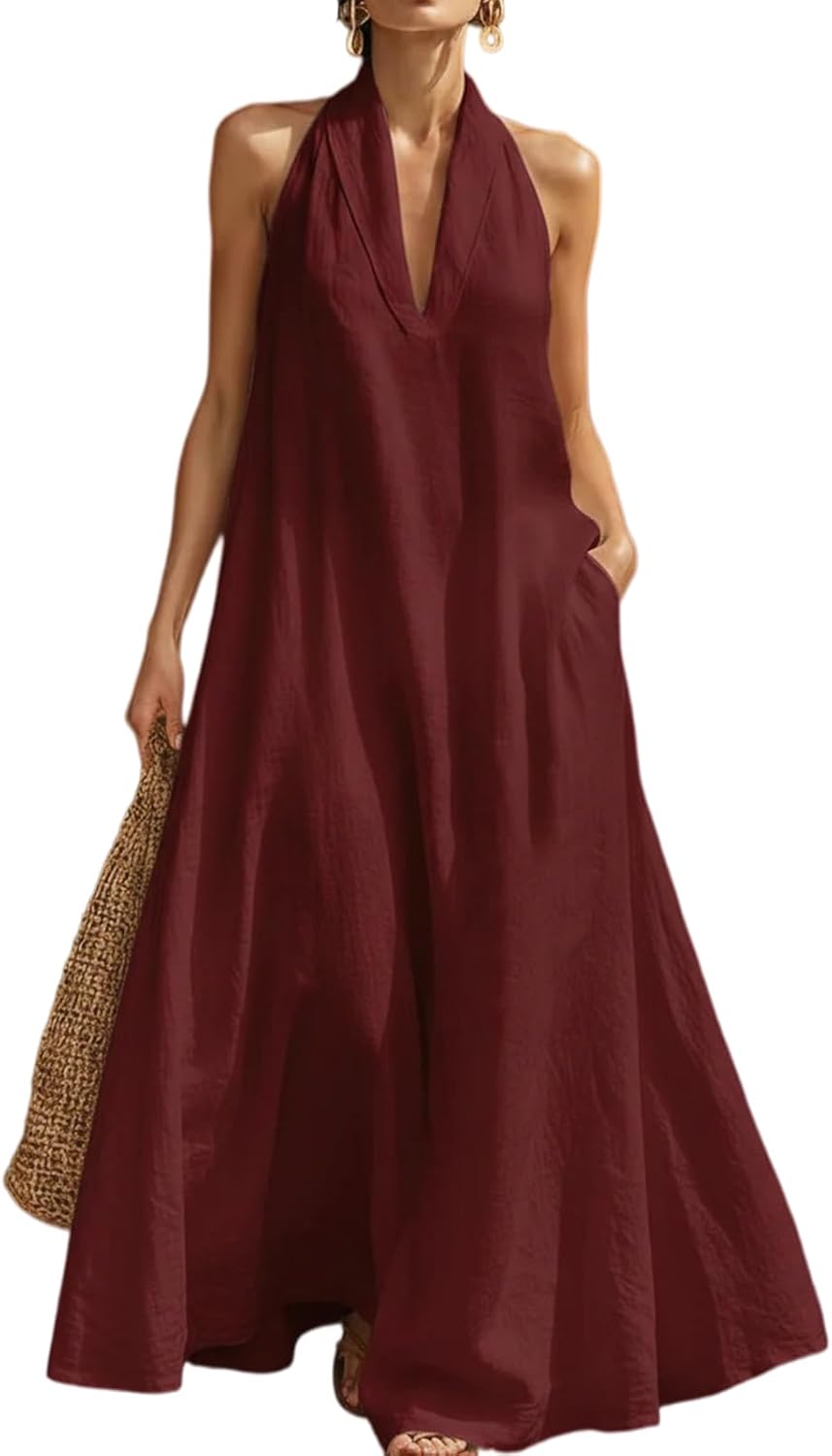 Linen Dress Women Sleeveless V Neck Halter Maxi Dresses Flowy Vacation Tank Dress Wedding Guest Going Out Sundress