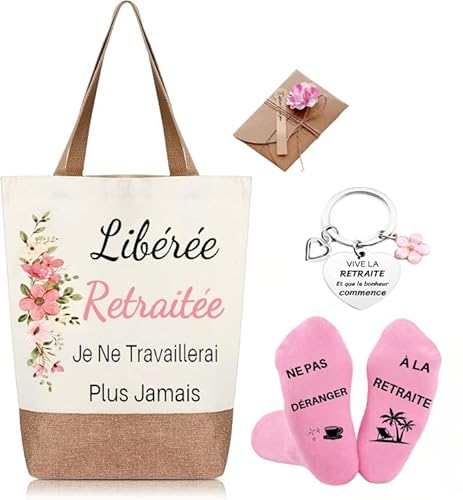 jenich Cadeau Retraite Sac Retraitée Tote Bag Retraite Porte Clé Retraite Chaussette Retraite Cadeau Idée pour Femme Fin d'Année Noël