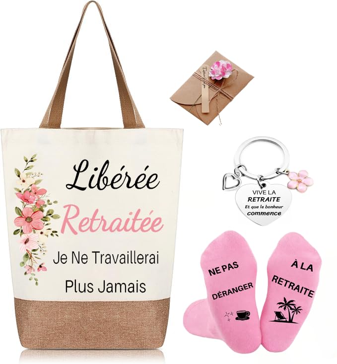 jenich Cadeau Retraite Sac Retraitée Tote Bag Retraite Porte Clé Retraite Chaussette Retraite Cadeau Idée pour Femme Fin d'Année Noël