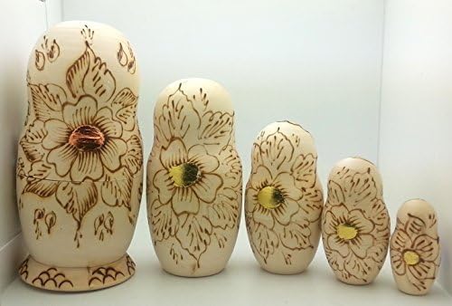 Russian Gold Church Nesting Dolls Wood Burned Hand Carved Hand Painted 5 Piece Doll Set 7" Tall