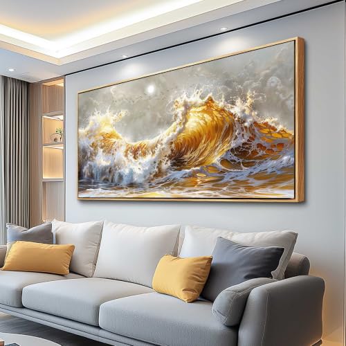 Ocean Wall Art Gold Sea Wave Picture Art for Living Room, Framed 20x40 Inch