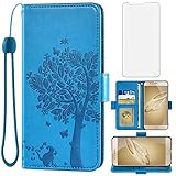 Asuwish Compatible with Huawei Honor 8 Wallet Case and Tempered Glass Screen Protector Flip Purse Accessories Wrist Strap Credit Card Holder Stand Cell Phone Cover for Hawaii Honor8 Women Men Blue