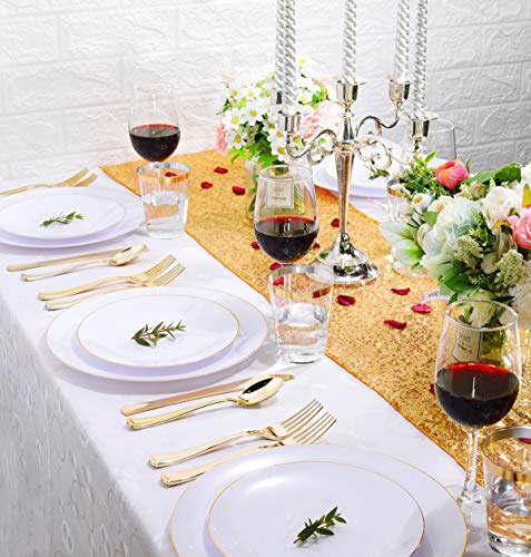 Nervure 125Pcs White And Gold Rim Plastic Plates - Disposable Gold Plastic Plates - 25 Guest Gold Rim Plastic Plates - 75Pcs Gold Plastic Silverware Ideal For Wedding & Parties #TOP5