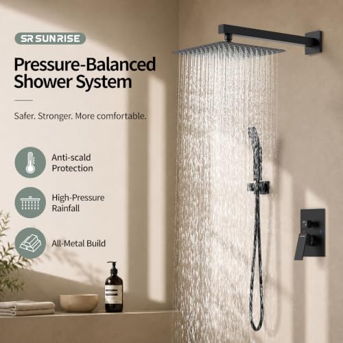 Image of SR SUN RISE Black Square Rainfall Shower and Handle Set, Wall Mounted Fixture, Metal Faucet Trim Kit with Valve