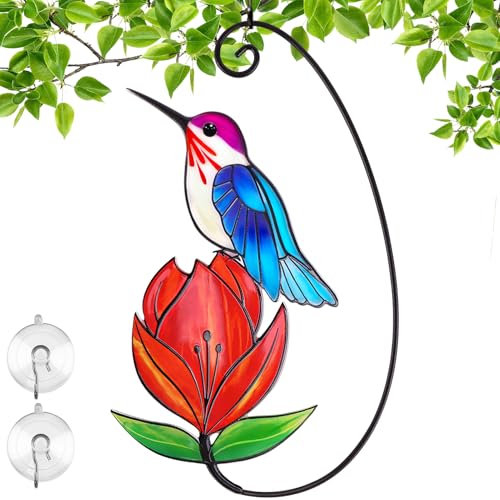 Remiawy Hummingbird Stained Glass Window Hanging, Blue Hummingbird with Red