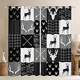 Deer Silhouette Blackout Curtains,Antlers Arrow Window Treatments Stripes Gird Camouflage Window Drapes for Kids Teens Room Decor Grommet Top 2 Panel Set Bedroom Curtains,38X54 inch,Black White Grey