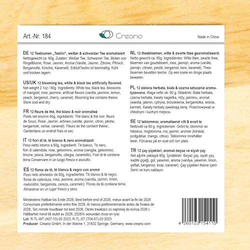 Creano Teelini Teeblumen im Tassenformat, Geschenkset in Teekiste aus Holz, 12 Erblühteelini in 8 Sorten - Weißer Tee & Schwarzer Tee