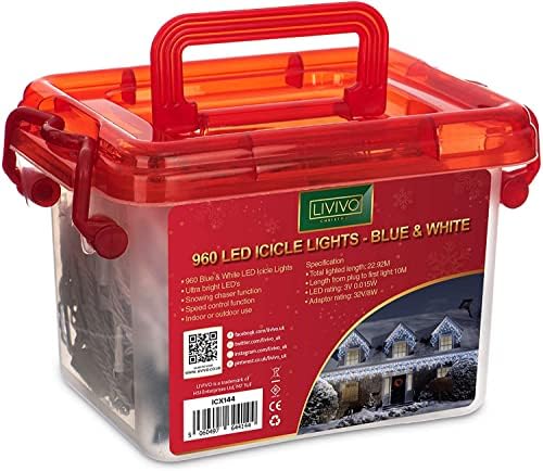 LIVIVO Indoor or Outdoor Icicle Chaser Christmas Lights with 8 Functions, 28.7m/94ft of Lights, 32V/12W Adaptor and Storage Tub, A+++ Efficiency (White and Blue, 1200 LED)