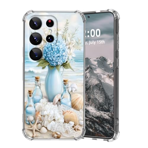SFJAXYOV for Samsung Galaxy S22 Ultra Case, Hydrangea with Beach Shells Slim Fit Phone Case, Shockproof Cover for Samsung Galaxy S22 Ultra 6.8"