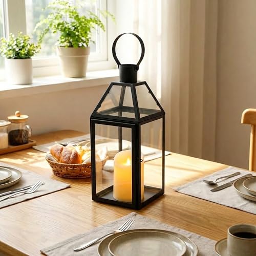 JHY DESIGN Schwarze dekorative Laternen 40.5 cm hoch Edelstahl-Kerzenlaternen mit gehärtetem Glas für Innen Draußen Veranstaltungen Paritäten und Hochzeiten