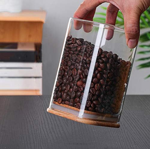 1000ml Glass Food Storage Jar Clear Square Stackable Glass Canister with Airtight Seal Wood Lids and Spoon Kitchen Storage Container for Coffee Bean Tea Spice Bottle Cookies Nuts Snack Candy Jar