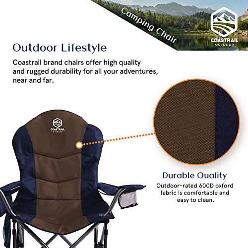 Coastrail Outdoor Padded Camping Chair With Lumbar Back Support, Oversized Heavy Duty Lawn Chair Folding Quad Arm Chair With Cooler Bag, Cup Holder & Side Pocket, Supports 400Lbs, Brown #TOP5