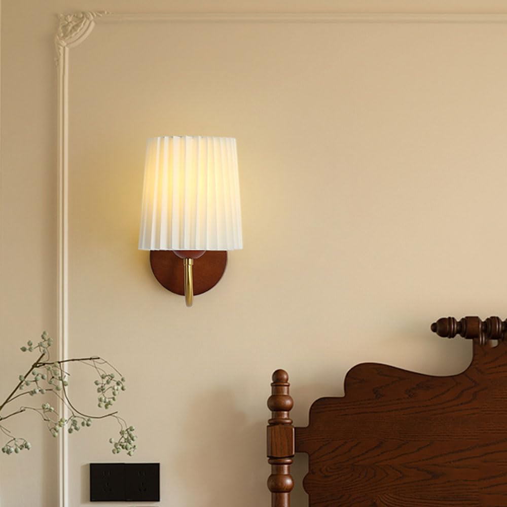 Mid Century Modern Bedside Wall Light Children Room Wall Mounted Lamp Pleated Shade Cream Style Milk White Wall Sconce for Corridor Indoor Vintage Retro Wall Lights Fixtures Art Decor