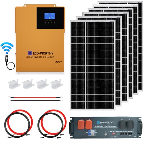 ECO-WORTHY 48V Off Grid Solar System Complete Kit 1200W 4.68KWH Solar Panel Kit for Home:6pcs 195W Solar Panels + 1Pc 48V 50Ah LiFePO4 Server Rack Battery + 3500W All-in-one Solar Inverter
