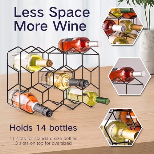 ليند رف مشروبات لسطح الطاولة - 14 زجاجة قائم بذاته عصري معدني اسود صغير - حامل مشروبات لسطح الطاولة من 3 طبقات للخزانة والمخزن وتخزين زجاجات النبيذ - لا يتطلب التجميع