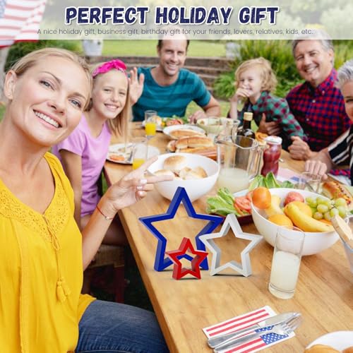 Image of 6 PCS Patriotic Wooden Star Sign Table Decor 4th of July Centerpiece Star Tiered Tray Decoration for Independence Day Memorial Day (Red,Blue and White)