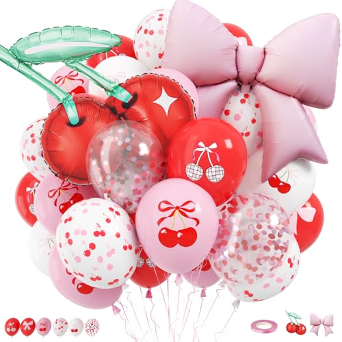 Cherry Balloons, 12 Inch Cherry Party Decorations Red Pink White Print Latex Balloons with Cherry Bow Foil Balloon for She is Cherry on Top Birthday Wedding Fruit Party Decorations