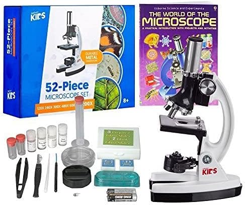 AmScope - M30-ABS-KT2-W-WM 1200X 52-pcs Kids Student Beginner Microscope Kit with Slides, LED Light, Storage Box and Book"The World of The Microscope" White