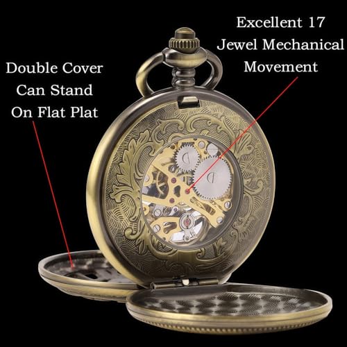 Image of SIBOSUN Pocket Watch Skeleton Mechanical Double Case Hand-Wind Bronze Roman Numerals Antique Chain Mens