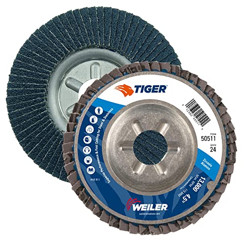 Image of Weiler 50511 Tiger Abrasive Flap Disc, Type 29, Round Hole, Aluminum Backing, Zirconia Alumina, 4-1 /2 inch Dia., 24 Grit