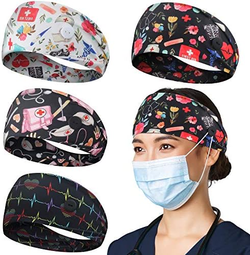 HoogaLife 4pcs Headbands With Buttons For Mask, Women's And Men's Turban Non-Slip Workout Headbands Hair Bands Protect Your Hair And Ears - Medical Set