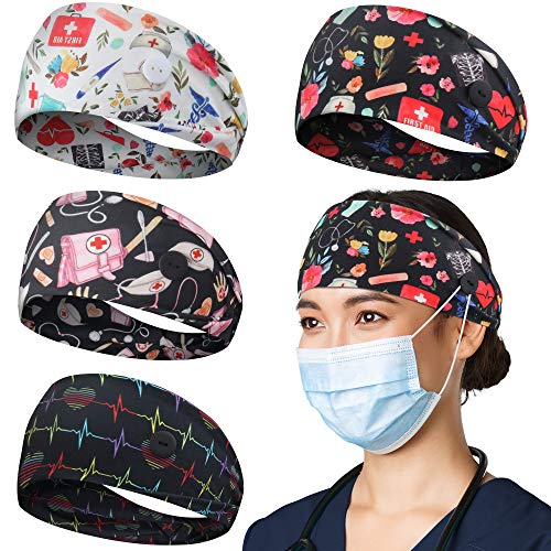 HoogaLife 2pcs Headbands with Buttons, Nurse Gifts for Women Turban Non-Slip Nurse Accessories Nursing Headbands Protect Your Hair and Ears 2 Pcs-Blk