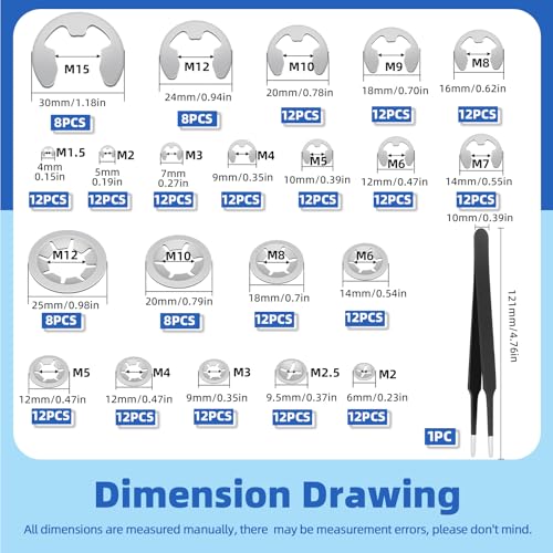 Glarks 237pcs 304 Edelstahl Interne Zahn Star Lock Unterlegscheiben und E-Clip Halteringe Kit Beinhaltet 100pcs 9 Größen Druck auf Verriegelungsscheiben und 136pcs 12 Größen E-Ring Circlip Ringe