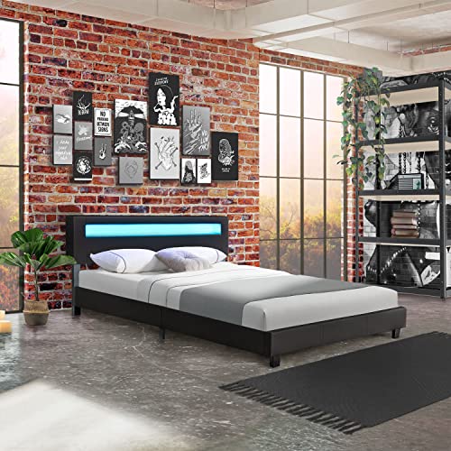 Polsterbett Paris 160 × 200 cm – Bettgestell mit LED Beleuchtung, Lattenrost & Kopfteil – Kunstleder & Holz – schwarz – Bett Gästebett