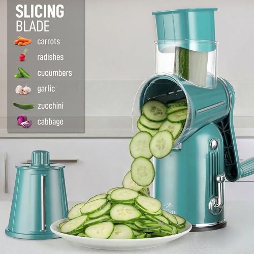 Image of Zulay Kitchen Rotary Cheese Grater 5 Blade Cheese Shredder - Manual Hand Crank Cheese Grater With Reinforced Suction & 5 Interchangeable Drums - Easy to Use, Vegetable Chopper Round Mandoline Slicer