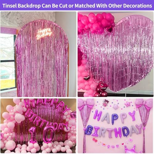 JINSUI Pink Fringe Backdrop 3.3x8.2ft, 2 Pack Foil Tinsel Curtains Decor - 4