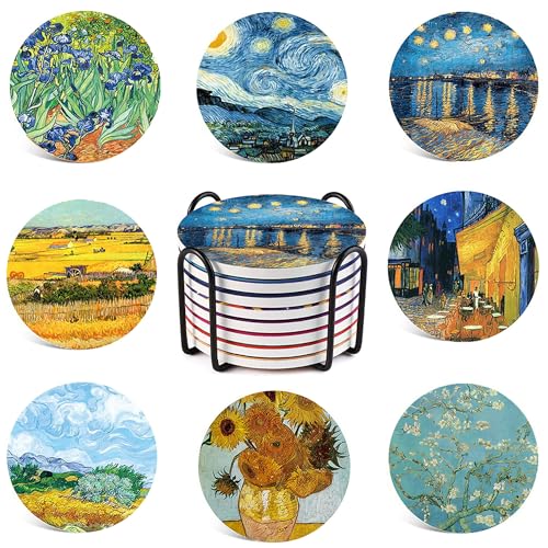 Drink Coasters Round Absorbent Porcelain Stone Coasters Set of 8 with Cork Base, Fun Drink Coasters with Cold Drink Holder, 4 inch, Van Gogh Oil Painting Style Ceramic Coasters