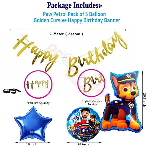 Image of Propsicle Paw-Ptrol Foil Balloon Pack of 5 with Happy Birthday Golden Cursive Banner Pack of 5 Baby Birthday Party Supplies Item