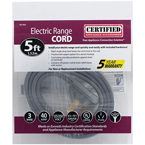 Certified Appliance Accessories 40-Amp Appliance Power Cord, 3 Prong Range Cord, 3 Wires With Eyelet Connectors, 5 Feet, Copper Wire #TOP7