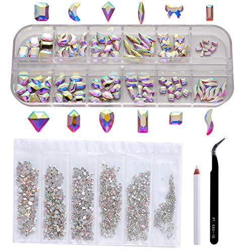 120 Pcs Multi Shapes Glass Crystal AB Rhinestones For Nail Art Craft, Mix 6 Size Flat Back Crystals Nail Art Accessories 3D Diamond