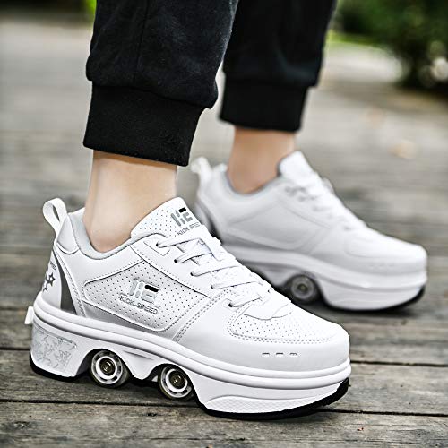 Tailoria Double Row Roller Deformation Shoes Ladies Roller Skating Children's Skateboard Shoes Four-Wheel Parkour Detachable Skate Shoes Skating Cool Running Shoes White #TOP2