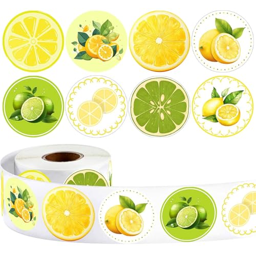 Lemon Stickers, 500pcs Round Citrus Fruit Stickers with Lemon Lime Designs Summer Yellow Green Decorative Labels for Envelopes Scrapbook Party Favors Decorations