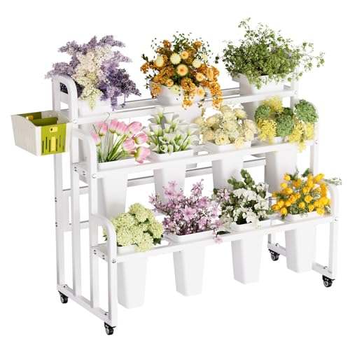 Qcesorib 3 Tier Flower Cart Display Stand with Wheels, Flower Display Stand with 11 Buckets, Heavy Duty Metal Flower Bar Stand, for Indoor, Outdoor Patio Garden, Living Room, Florist
