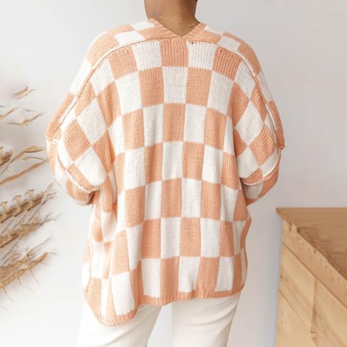 Image of Womens Checkered Cardigan Sweater Loose Long Sleeve Open Front Sweater Knit Coat Casual Oversized Plaid Cardigan Tops