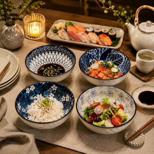 Image of Japanese Ceramic Bowl Set of 4 | 300ML Hand Painted Soup Rice Snack Bowls, Glossy Blue Floral Patterns, Textured White Exterior | Microwave & Dishwasher Safe Gift Set (Blue Ember)