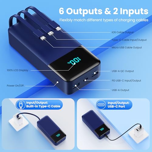 Image of Portable Charger 50800mAh Power Bank with 3 Built in Cables,25W PD QC4.0 Fast Charging USB C Battery Pack,6 Outputs 2 Inputs Travel Essentials Phone Charger for iPhone 17 /16 /15,Google,Android,Blue