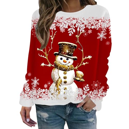 Sweatshirt femme manches longues col rond rouge imprimé bonhomme de neige pull Noël M