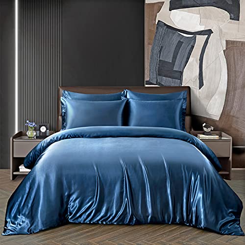 Chvonttow 5-Pieces Satin Duvet Cover Full/Queen Size Set Navy Blue Bedding Duvet Cover Sets Luxury Silky Satin Bed Set With Zipper Closure, 1 Duvet Cover + 4 Pillowcases (Navy Blue, Full/Queen) #TOP6