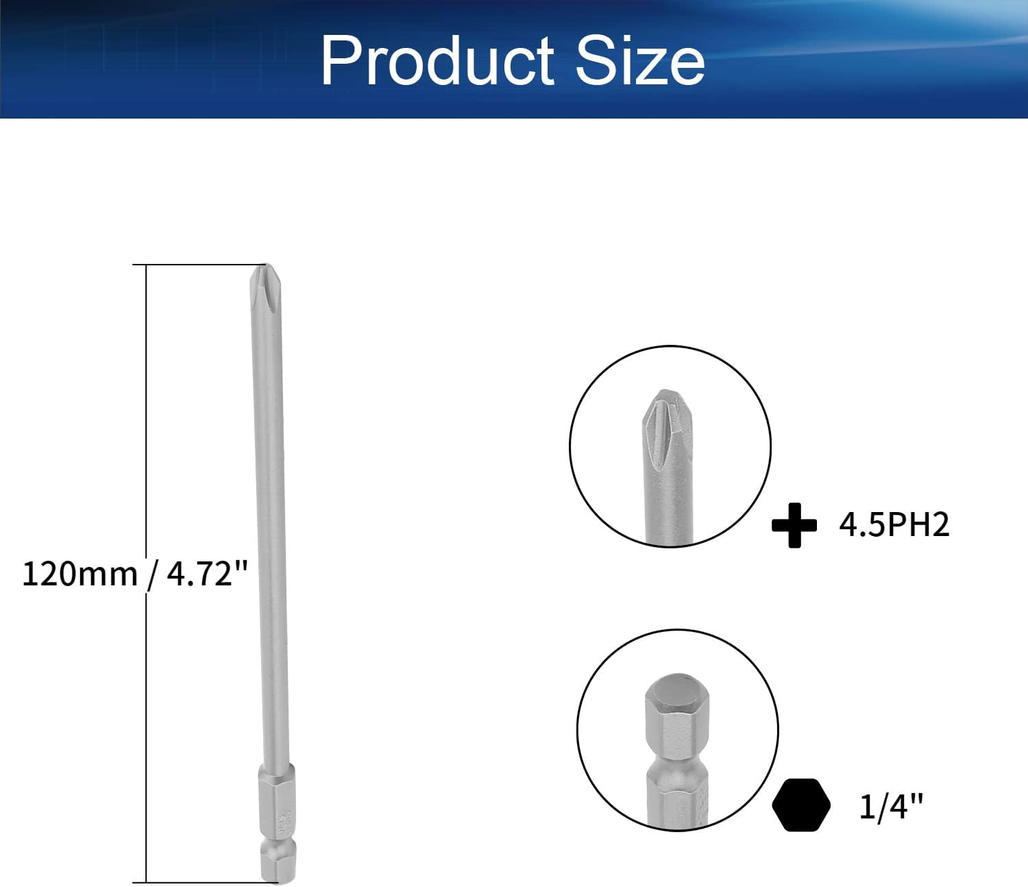 Auniwaig 3pcs Phillips Screwdriver Drill Bit Set, 4.5mm PH2 Phillips Cross, 1/4 Inch Hex Shank, 120mm/4.72 Inch Length S2 Steel with Magnetic for Power Screwdriver Drill Impact Driver