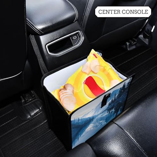 Image of Car Trash Can Organizer Bin with Adjustable Strap for Back Front Seat Console Waterproof Leakproof Collapsible Portable 11 Inch Winter Blue Mountain and Mirrored Lake