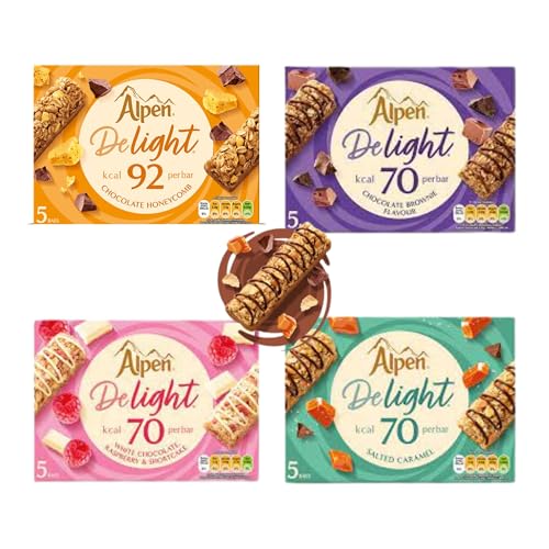 Alpen Light Delight Bundle - Chocolate Brownie, White Raspberry and Shortcake, Salted Caramel, Honeycomb. 20 Bars, 480g. - Low-calorie brunch for a guilt-free treat