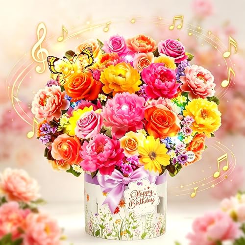 XTF2015 Birthday Cards with MUSIC & LIGHTS, Happy Birthday Card, Peony & Butterfly, 13 Inch Life Sized Forever Flower Bouquet 3D Pop Up Birthday Gift Cards for Women Mom Wife