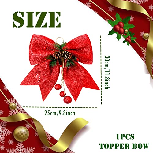 1P Red Topper bow for Tree, 9.8x11.8in Glitter Wreaths Large Sequin Ties Xmas Ornaments, Foam Bows Garland Decor - Image 2