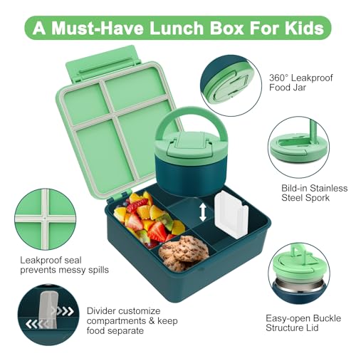MAXSO Bento Lunch Box Set for Kids with 8 oz Soup Thermo, Leakproof Hot Food Container with 4 Compartments, Insulated Food Jar for Toddler Daycare Boys Girls School - Green by MAXSO - Image 2